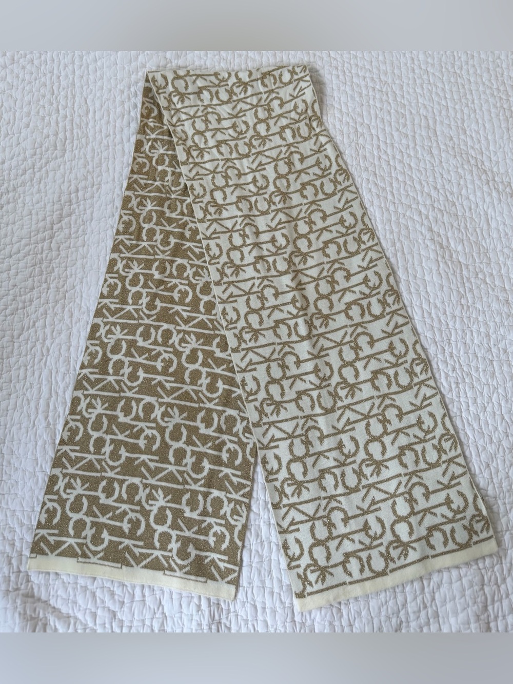 Calvin Klein Metallic Gold & Cream Monogram Scarf